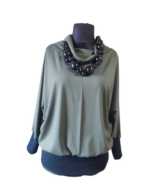 Sportowa bluzka ze ściągaczami i z golfem - khaki i czarny